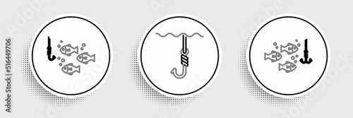 Set line Fishing hook under water with fish, and icon. Vector