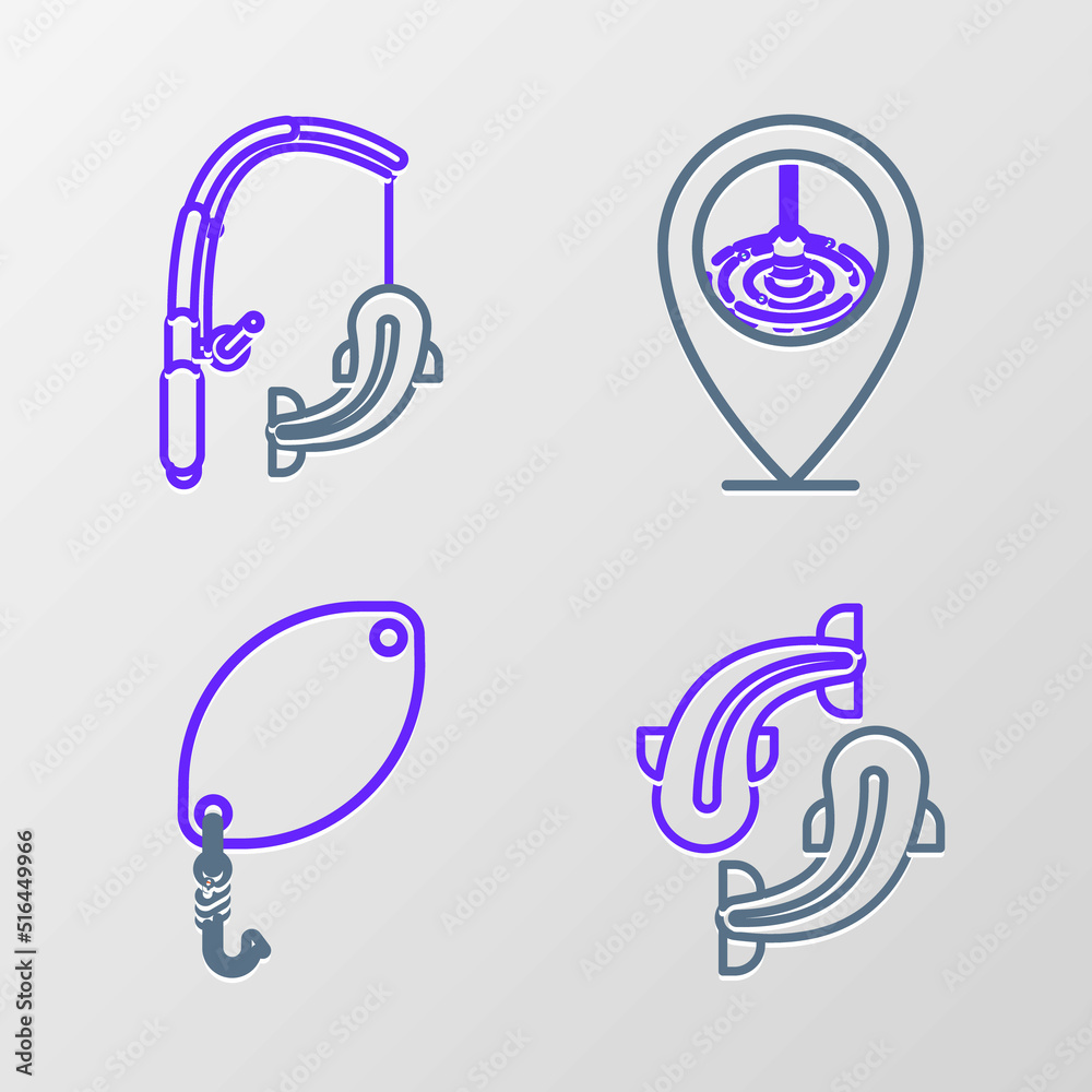 Set line Fish, Fishing spoon, Location fishing and rod and icon. Vector Set line Fish, Fishing spoon, Location fishing and rod and icon. Vector