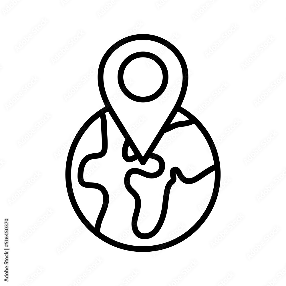 Planet Earth and map pins icon. World traveling or GPS navigation concept. Planet Earth and map pins icon. World traveling or GPS navigation concept.