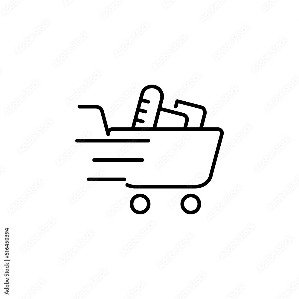Shopping trolley push cart with grocery products, fast online order and delivery isolated outline icon. Vector retail basket, buyers bag linear sign. Online deliver shoppingcart pushcart with food eps