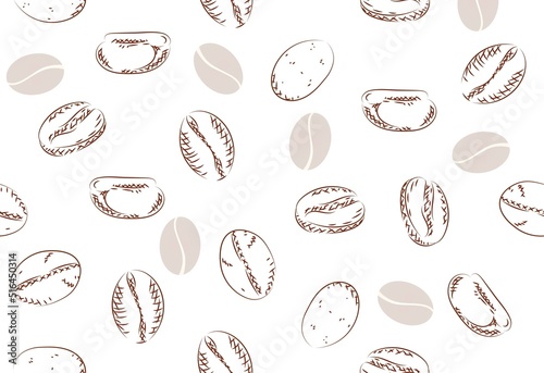 Coffee beans seamless pattern. Simple template with contours and silhouettes of coffee. Design element for packaging, social media and fabric printing. Hand drawn modern linear vector illustration