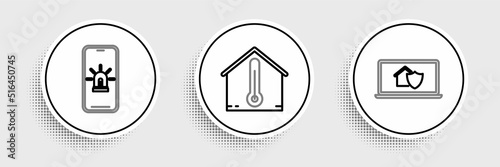 Set line Laptop with house under protection, Mobile phone smart and alarm and House temperature icon. Vector