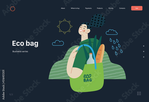 Ecology - Eco bag -Modern flat vector concept illustration of a young woman holding a reusable grocery bag. Creative landing web page template