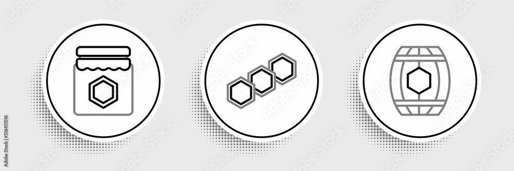 Set line Wooden barrel with honey, Jar of and Honeycomb icon. Vector Set line Wooden barrel with honey, Jar of and Honeycomb icon. Vector