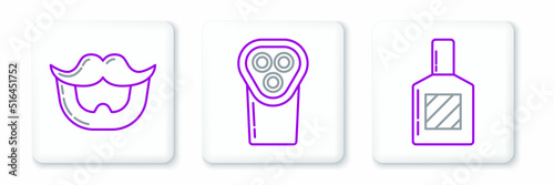 Set line Aftershave, Mustache and beard and Electrical hair clipper or shaver icon. Vector