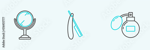 Set line Aftershave, Hand mirror and Straight razor icon. Vector