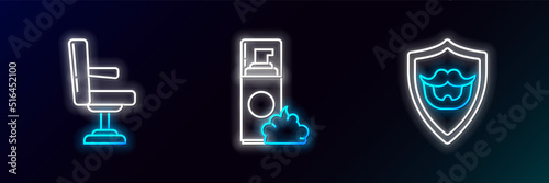 Set line Mustache and beard on shield, Barbershop chair and Shaving gel foam icon. Glowing neon. Vector