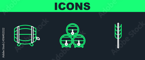 Set line Cereals set with rice, wheat, corn, oats, rye, barley, Wooden barrel on rack stopcock and icon. Vector