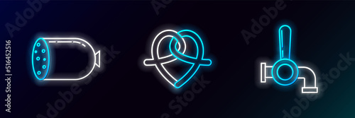 Set line Beer tap, Salami sausage and Pretzel icon. Glowing neon. Vector
