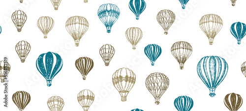 Hot air balloons flying. Hand drawn illustration.	

