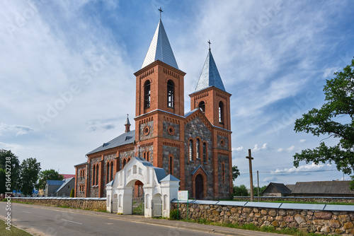 Old ancient catholic church of Saints Simeon and Tadeusz in Lazduny, Grodno region, Belarus.