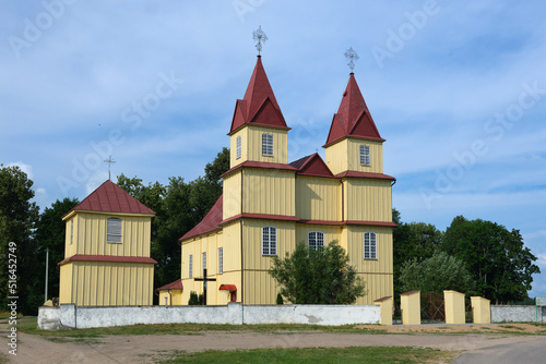 Old ancient wooden church of the Nativity of the Virgin Mary in Dudy village, Grodno region, Belarus.