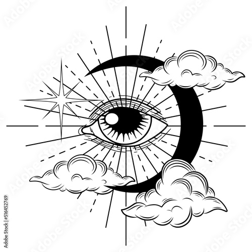 Hand drawn all seeing eye with clouds, moon and stars. Mystical magic vector illustration on white background. Celestial symbols. Spirituality. Tatoo. Astrology, alchemy, boho symbol. Moon pagan