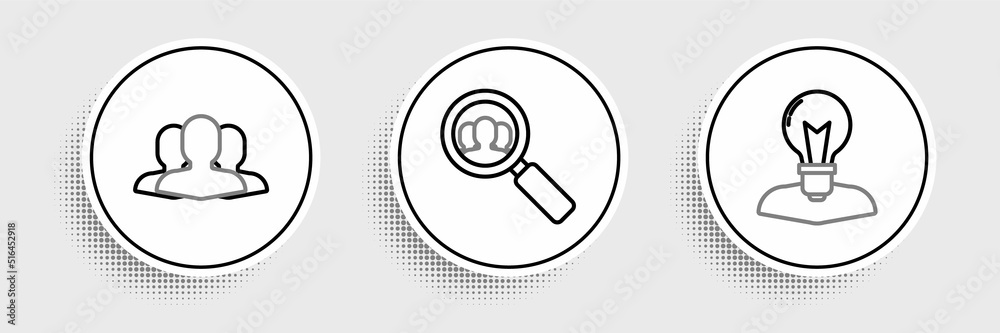 Set line Human head with lamp bulb, Users group and Magnifying glass for search people icon. Vector Set line Human head with lamp bulb, Users group and Magnifying glass for search people icon. Vector