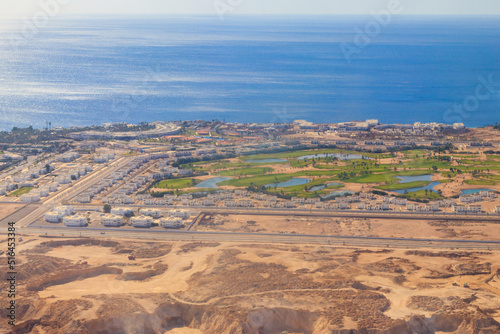 Aerial view on the Red sea and Sharm El Sheikh city, Egypt. View from airplane