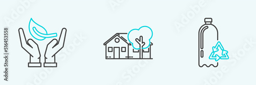 Set line Recycling plastic bottle, Sprout hand of environmental protection and Eco friendly house icon. Vector