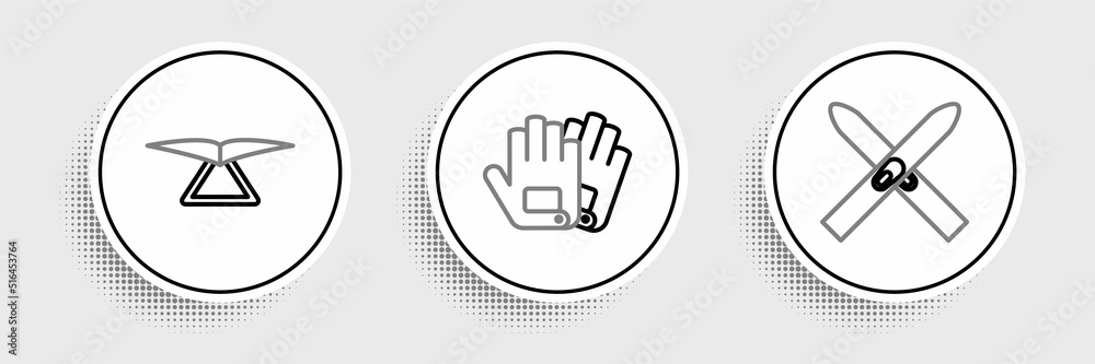 Set line Ski and sticks, Hang glider and Gloves icon. Vector Set line Ski and sticks, Hang glider and Gloves icon. Vector