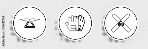Set line Ski and sticks, Hang glider and Gloves icon. Vector
