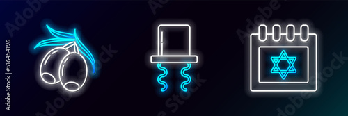 Set line Jewish calendar with star of david, Olives branch and Orthodox jewish hat sidelocks icon. Glowing neon. Vector