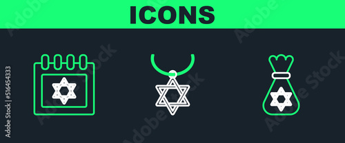 Set line Jewish money bag with star of david, calendar and Star David necklace chain icon. Vector