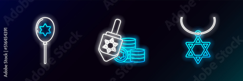 Set line Star of David necklace on chain, Balloons with ribbon with star david and Hanukkah dreidel and coin icon. Glowing neon. Vector