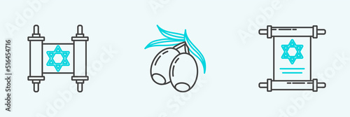 Set line Torah scroll, and Olives branch icon. Vector