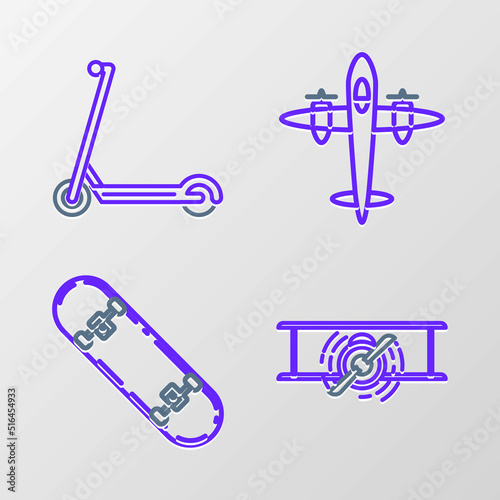 Set line Old retro vintage plane, Skateboard, and Scooter icon. Vector