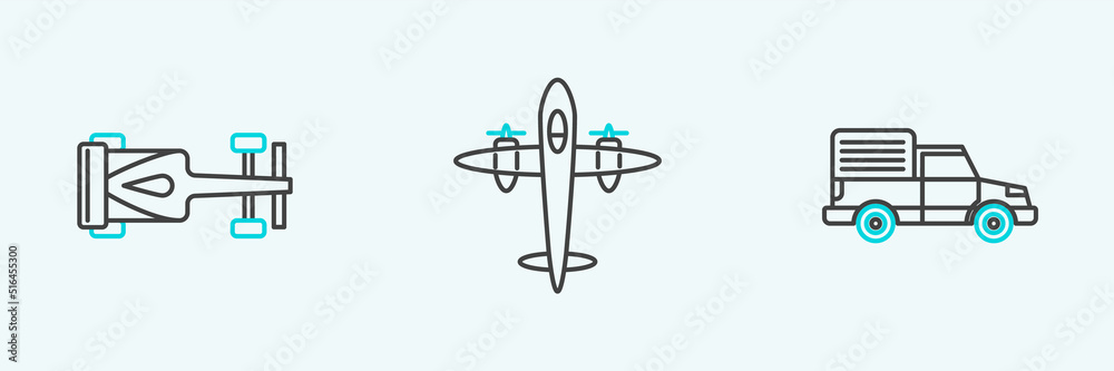 Set line Delivery cargo truck vehicle, Formula race and Old retro vintage plane icon. Vector Set line Delivery cargo truck vehicle, Formula race and Old retro vintage plane icon. Vector
