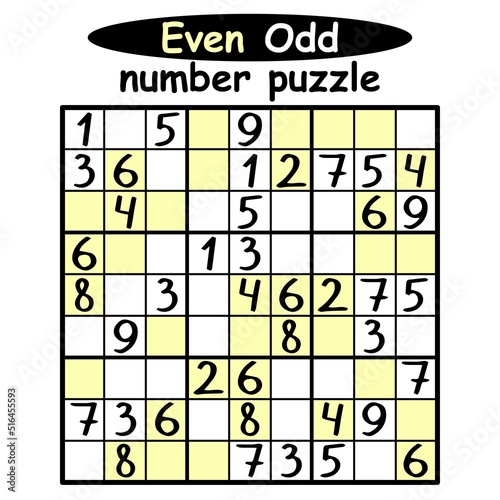 Even-Odd sudoku printable activity page vector illustration. Educational number puzzle for kids and adults. Complete puzzle -place even numbers on yellow cells and odd numbers on white cells