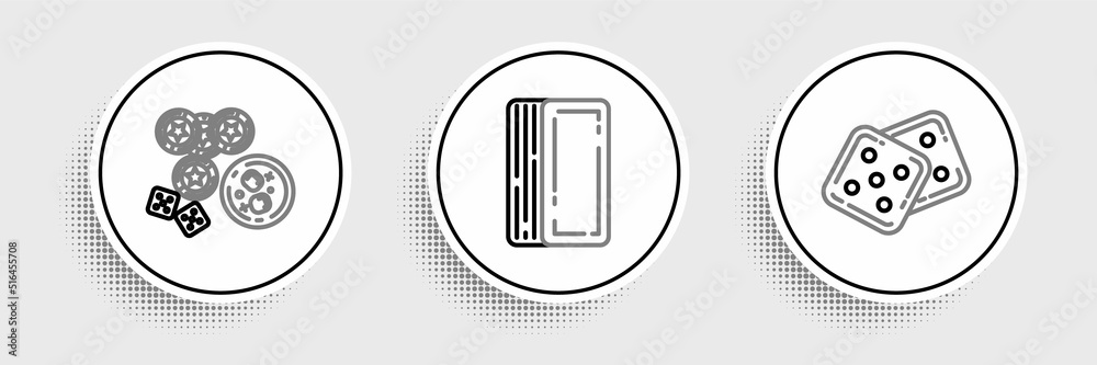 Set line Game dice, Casino chips, game and glass of whiskey with cubes and Deck playing cards icon. Vector Set line Game dice, Casino chips, game and glass of whiskey with cubes and Deck playing cards icon. Vector