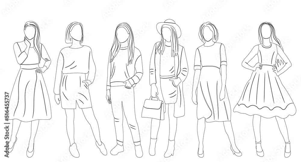 women girls sketch isolated, vector