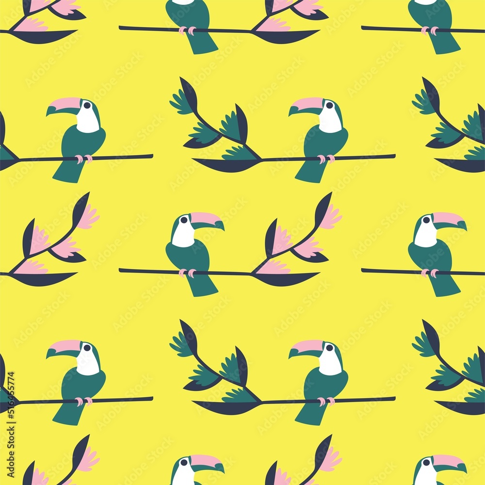 Bright yellow seamless pattern with toucan birds and heliconia flowers vector. Minimalist colorful surface design with tropical flowers and birds. Contrast paradise flora and fauna endless texture Bright yellow seamless pattern with toucan birds and heliconia flowers vector. Minimalist colorful surface design with tropical flowers and birds. Contrast paradise flora and fauna endless texture