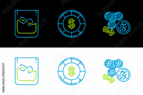 Set line Casino chips, game dice and glass of whiskey with ice cubes, Glass and dollar symbol icon. Vector