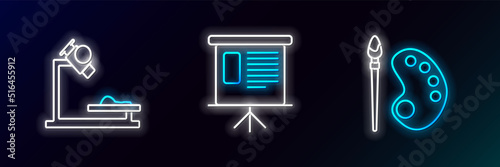 Set line Paint brush with palette, Microscope and Presentation financial board graph, schedule, chart, diagram, infographic, pie graph icon. Glowing neon. Vector