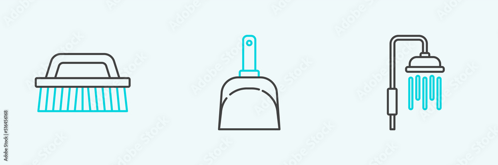 Set line Shower head with water drops flowing, Brush for cleaning and Dustpan icon. Vector Set line Shower head with water drops flowing, Brush for cleaning and Dustpan icon. Vector