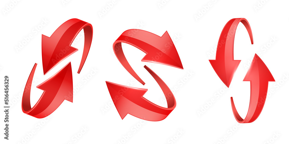 Red realistic 3D glossy arrows are moving towards. Realistic recycling symbol set isolated on white background Red realistic 3D glossy arrows are moving towards. Realistic recycling symbol set isolated on white background