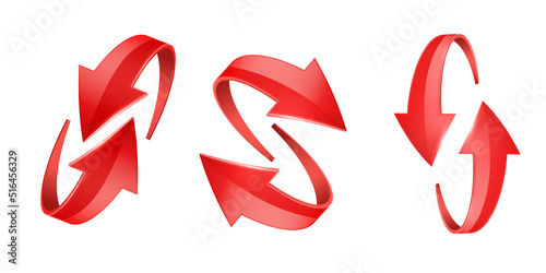 Red realistic 3D glossy arrows are moving towards. Realistic recycling symbol set isolated on white background