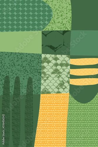 Green abstract map pattern vector illustration. Eco farm field background. Agriculture patchwork poster. Organic farmland card, motley landscape, countryside aerial view. Ecology postcard