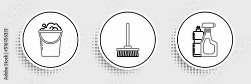 Set line Plastic bottles for liquid dishwashing liquid, Bucket with foam and bubbles and Mop icon. Vector
