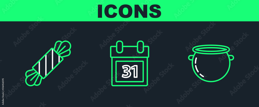 Set line Halloween witch cauldron, Candy and Calendar with date 31 october icon. Vector Set line Halloween witch cauldron, Candy and Calendar with date 31 october icon. Vector