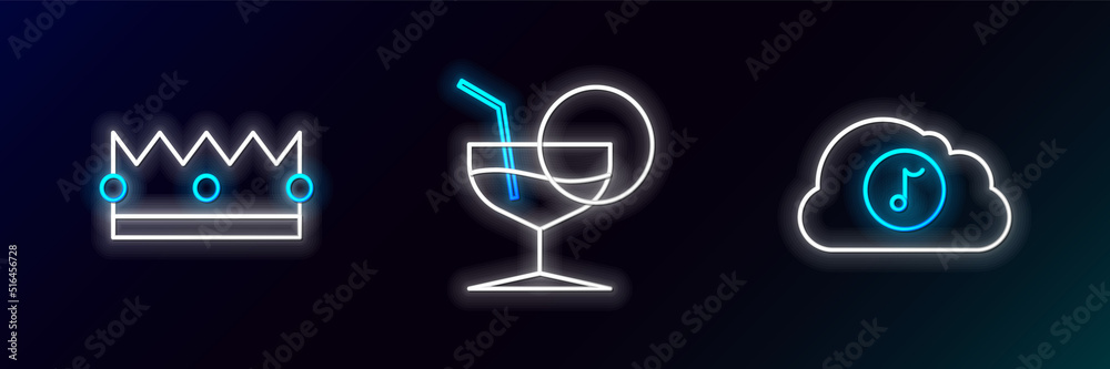 Set line Music streaming service, Crown and Martini glass icon. Glowing neon. Vector