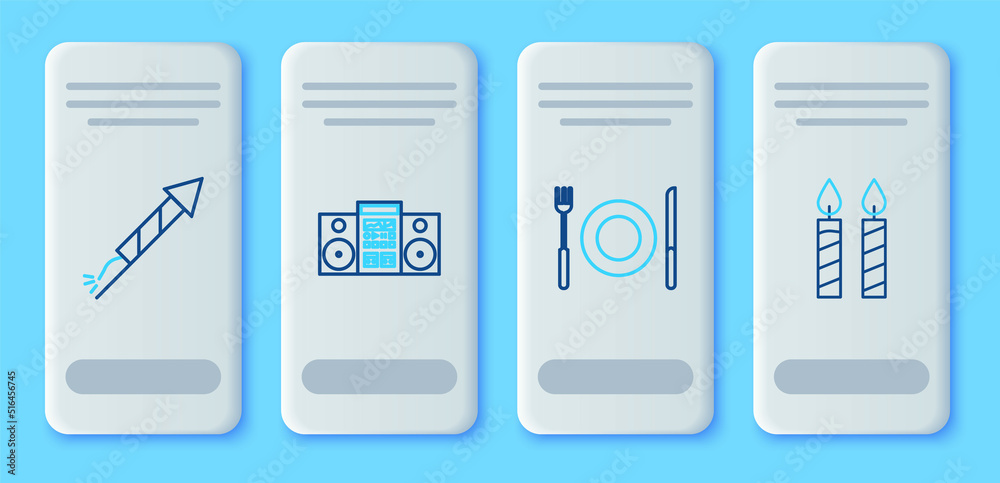 Set line Home stereo with two speakers, Plate, fork and knife, Firework rocket and Birthday cake candles icon. Vector