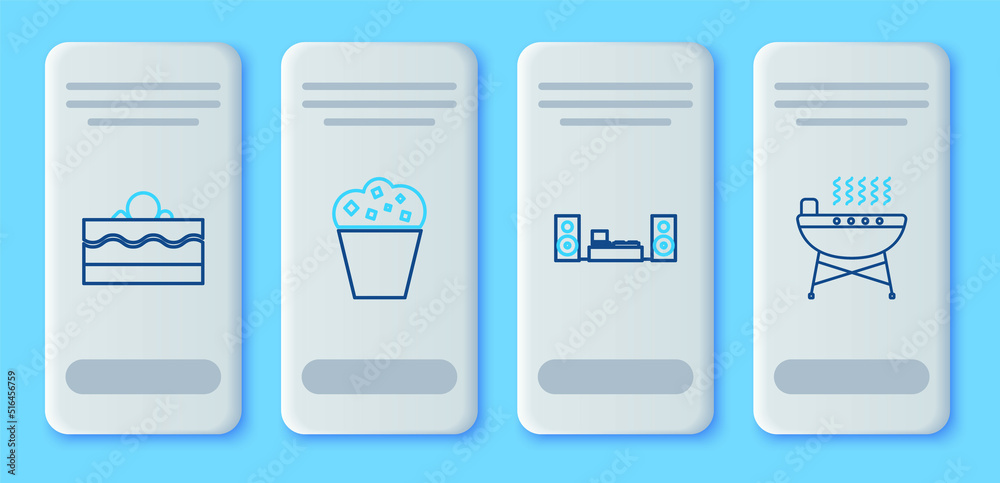 Set line Popcorn in cardboard box, Home stereo with two speakers, Cake and Barbecue grill icon. Vector