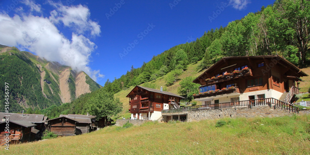 Traditional wooden swiss houses in the Alps mountain, Binn, Binntal, in the canton of Valais in Switzerland