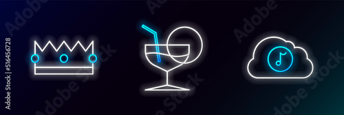 Set line Music streaming service, Crown and Martini glass icon. Glowing neon. Vector