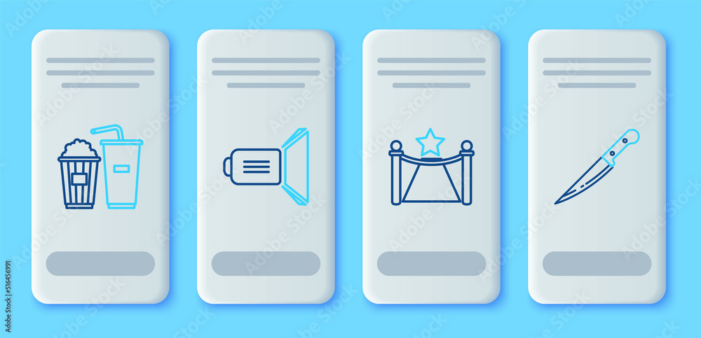 Set line Movie spotlight, Carpet with barriers and star, Popcorn soda drink glass and Knife icon. Vector Set line Movie spotlight, Carpet with barriers and star, Popcorn soda drink glass and Knife icon. Vector