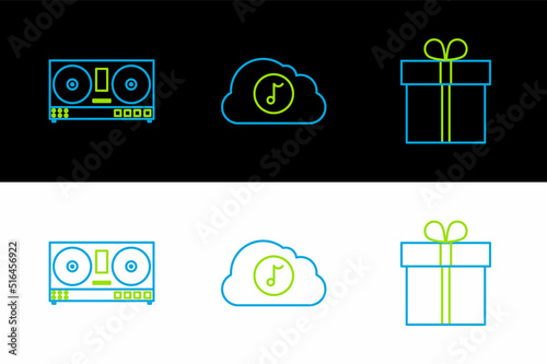 Set line Gift box, DJ remote for playing and mixing music and Music streaming service icon. Vector