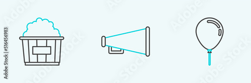 Set line Balloon with ribbon, Popcorn in cardboard box and Megaphone icon. Vector