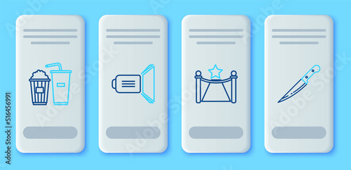 Set line Movie spotlight, Carpet with barriers and star, Popcorn soda drink glass and Knife icon. Vector