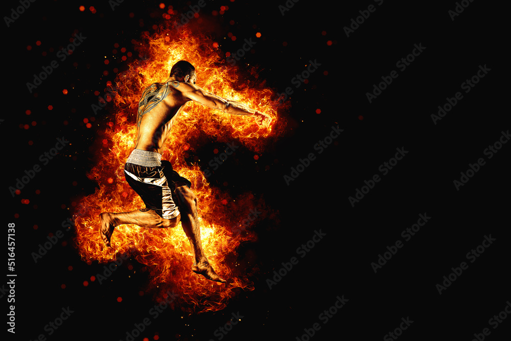 Fighter man in fire. Sport advertising. MMA boxer